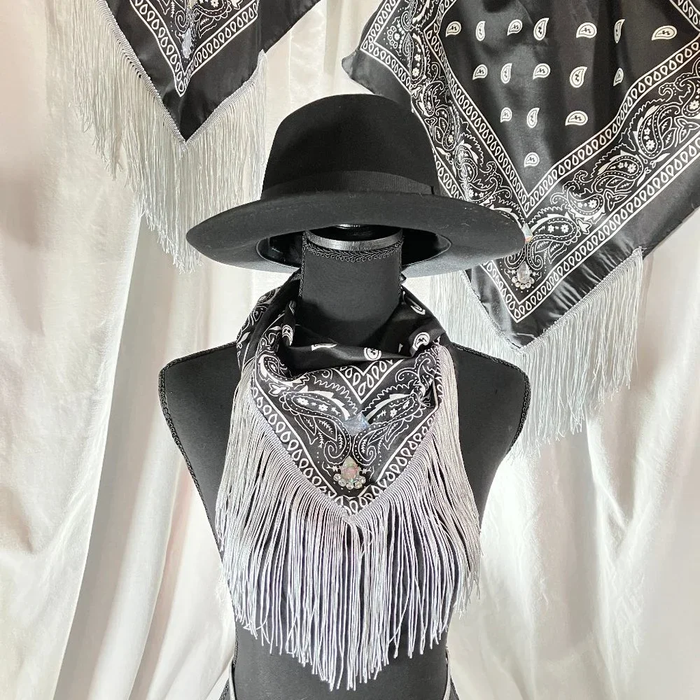 Fringed Blinged out Black Bandana with - Picture 11 of 16